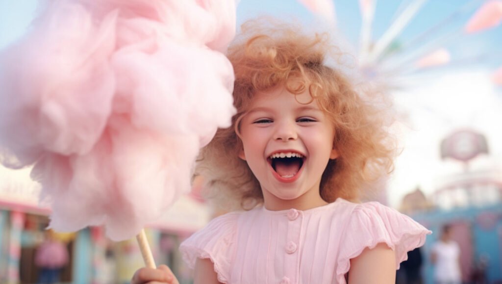 Smiling Girl with a large Candy Floss at a Fairground