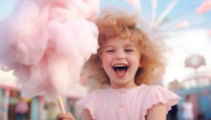 Smiling Girl with a large Candy Floss at a Fairground