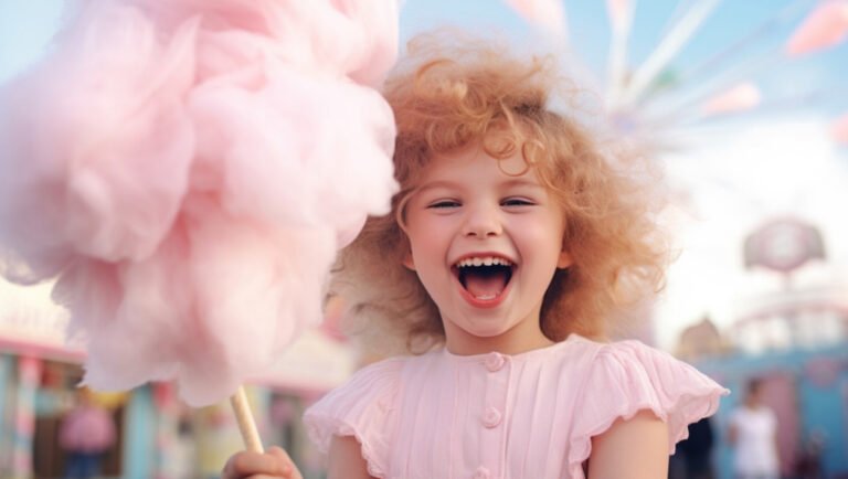 Smiling Girl with a large Candy Floss at a Fairground