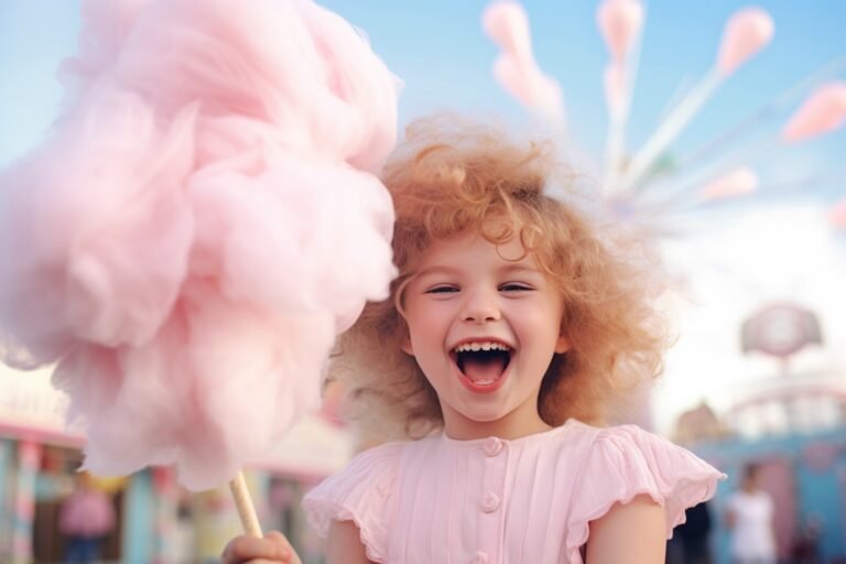 Smiling Girl with a large Candy Floss at a Fairground