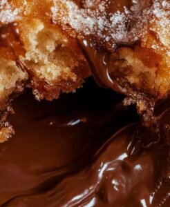 Churros being dipped in a chocolate spread
