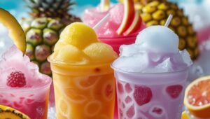 Close up of tropical inspired slushie drinks